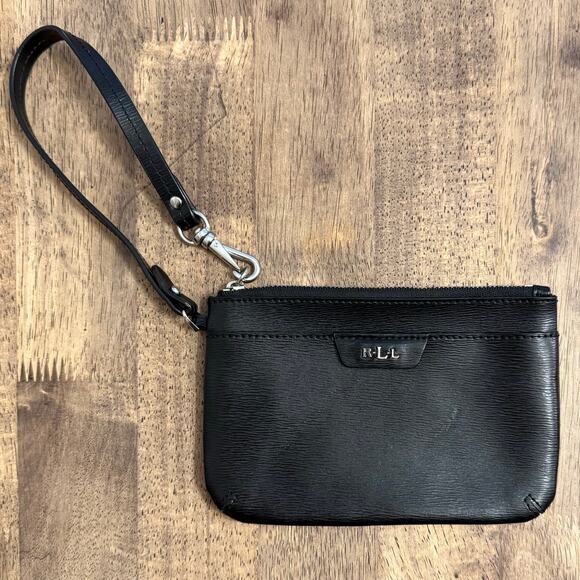 Lauren Ralph Lauren Wristlet Purse Genuine Leather Textured Zip Closure Black - Picture 2 of 8
